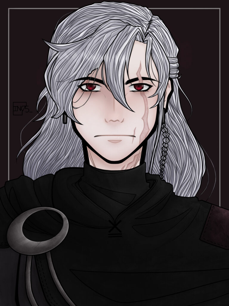 He has long silver hair, pale skin and red eyes. there is a large scar over his left eye, and he wears a dark cape with an iron clasp.